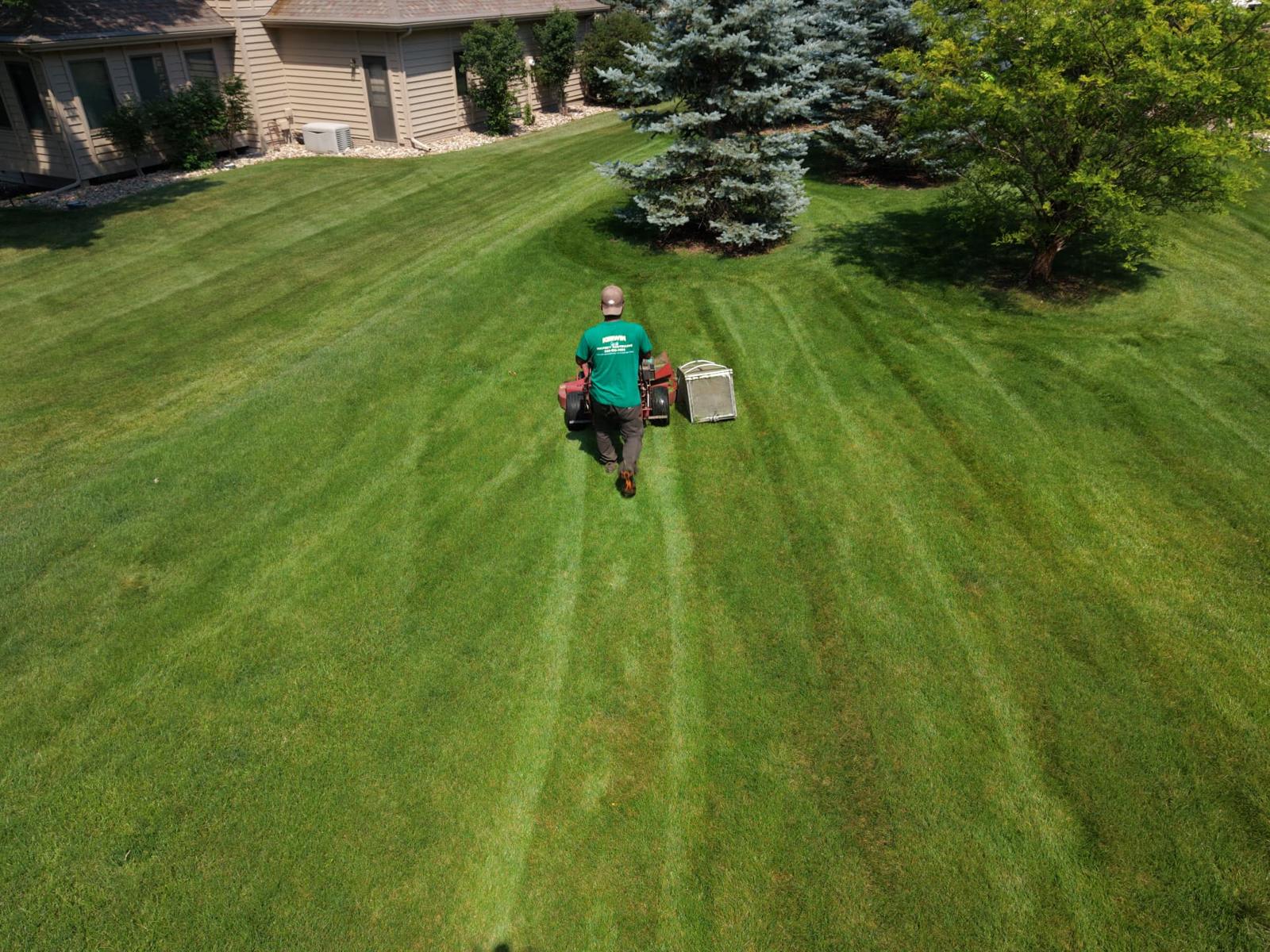 Drone view of a Kerwin crew member mowing crisp stripes across a large Sioux Falls lawn
