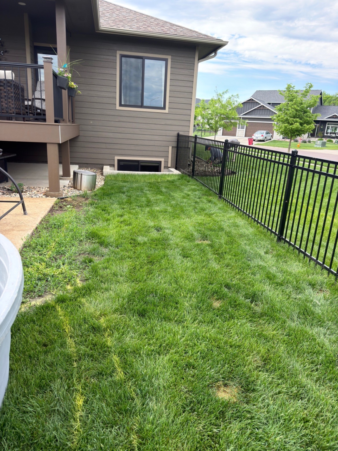 Before — narrow side yard strip with patchy grass along the deck and iron fence before the landscape extension