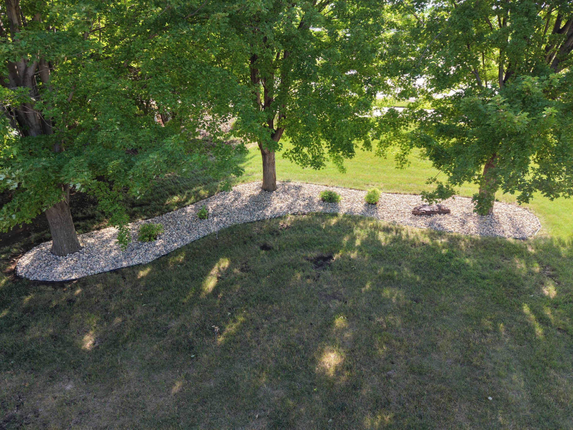 After — curved river rock bed wrapping mature trees with a natural boulder accent