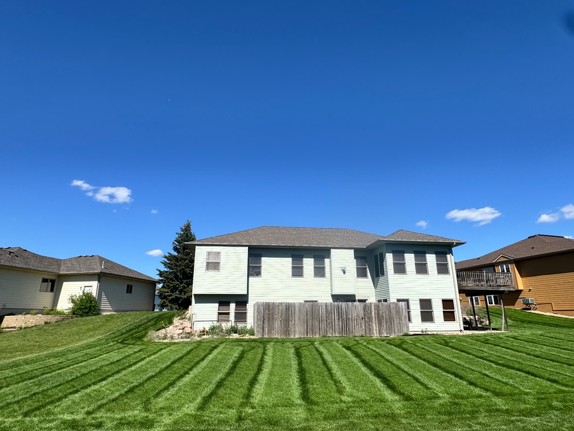 Backyard with crisp alternating mowing stripes under a clear blue sky